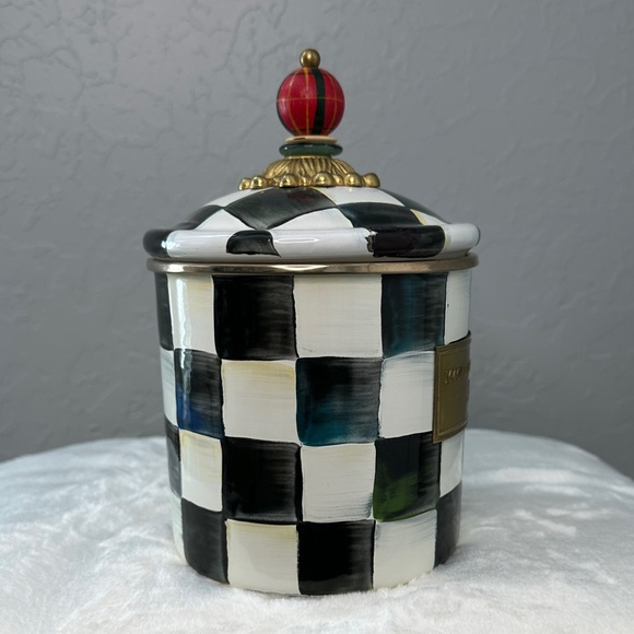 MacKenzie-Childs Black and White Checkered Canister with Colorful Knob - Picture 4 of 12